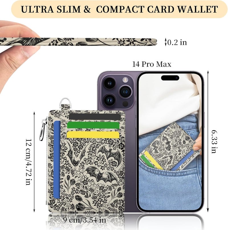Hancynir Goth Bat Floral Slim Wallet Women Credit Card Holder Gothic Flower RFID Blocking Small Cute Card Wallets Mini Front Pocket PU Leather Thin Travel Zipper Coin Cash Ladies Female Wallet Gifts - Image 2